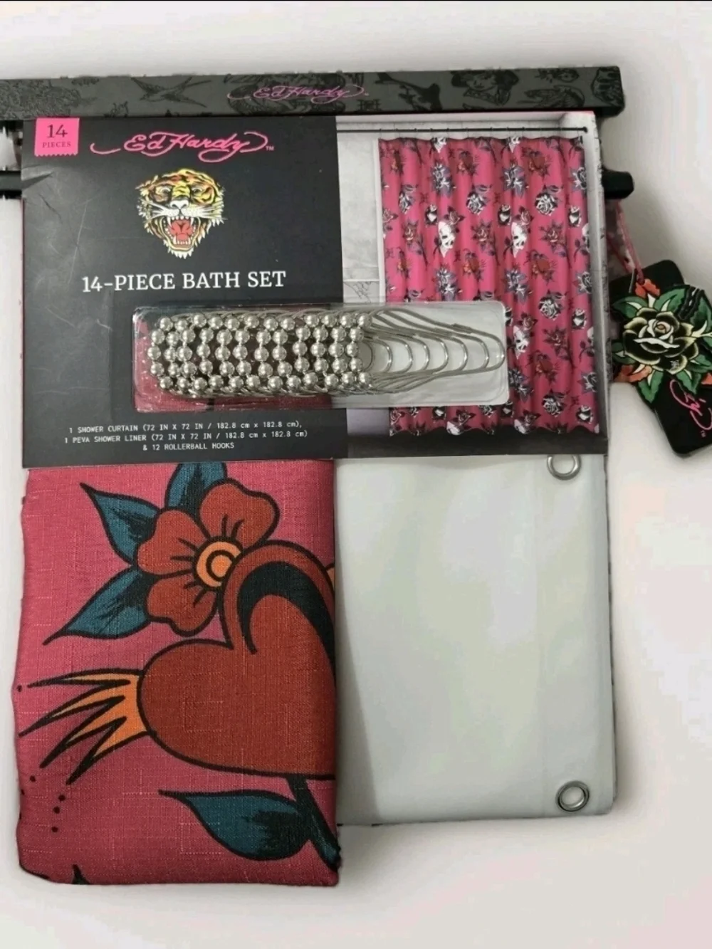 Ed Hardy 14 Pc Bath Set Pink Skull Rose Shower Curtain Hooks Liner